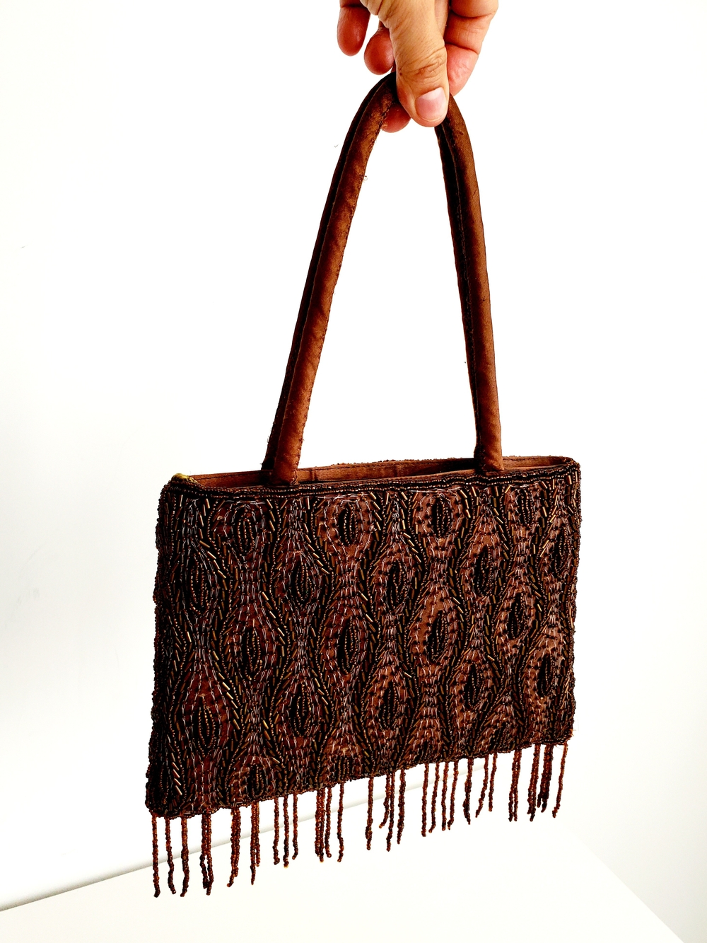 Vintage Handmade Brown Beaded Evening Bag Fringe Flapper Boho